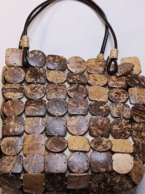 Franchi Vintage Boho Coconut Shell Tile Handbag Purse Brown